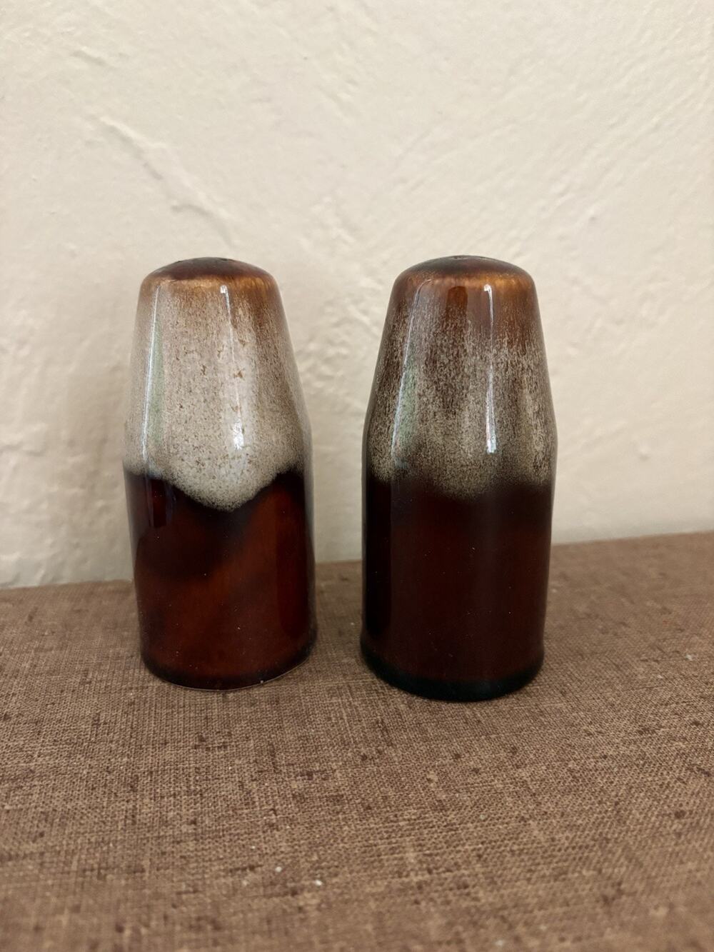 Vintage Brown Drip Glaze Pottery Salt and Pepper Shaker Set Lava Glaze
